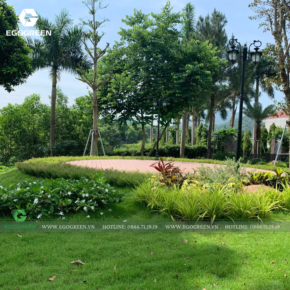 Sân vườn với thảm cỏ rộng và bóng cây mát cho trẻ nhỏ tha hồ chơi đùa.